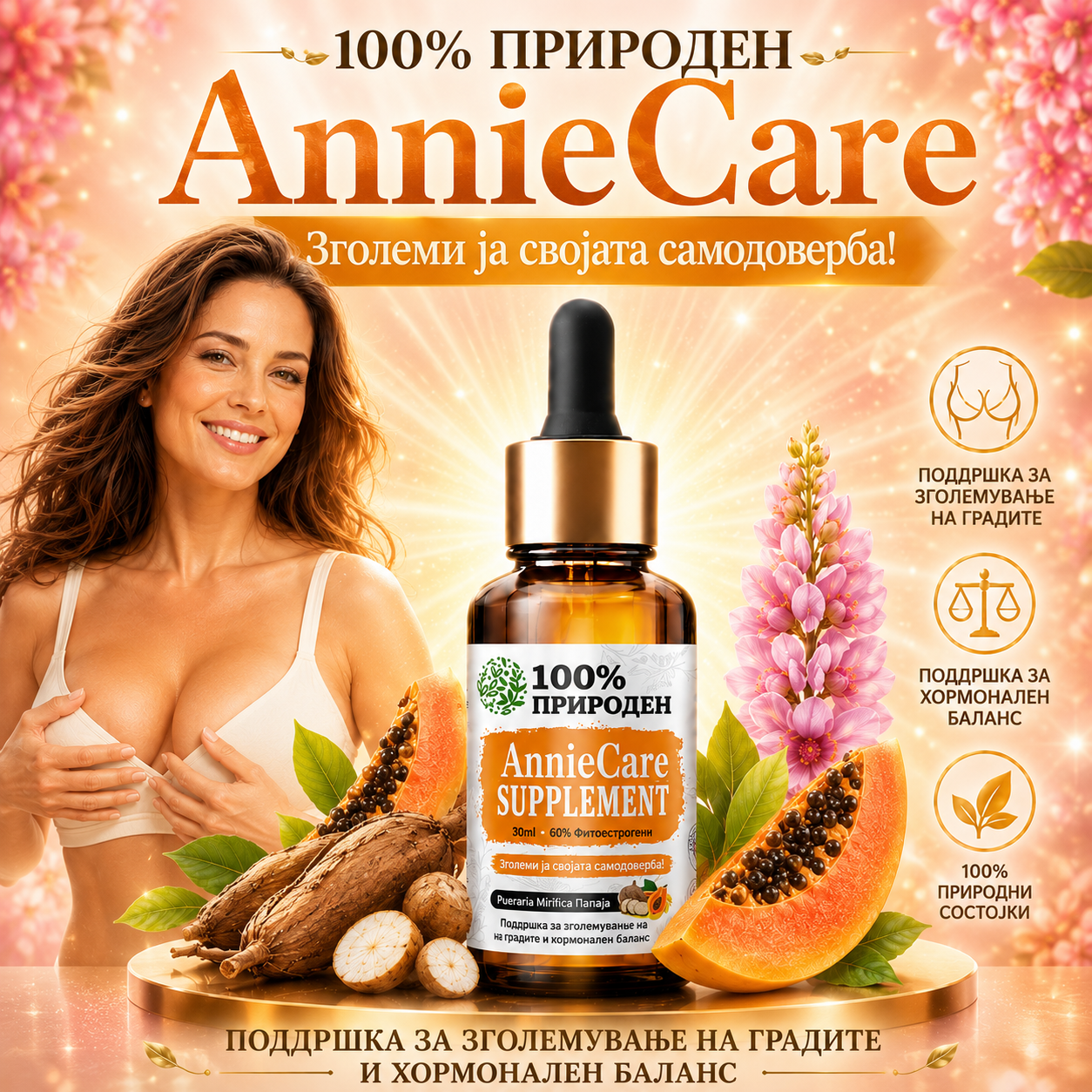 AnnieCare® ПУЕРАРИЈА + ПАПАЈА – Природен Бустер за Поголеми, Подигнати и Поцврсти Гради