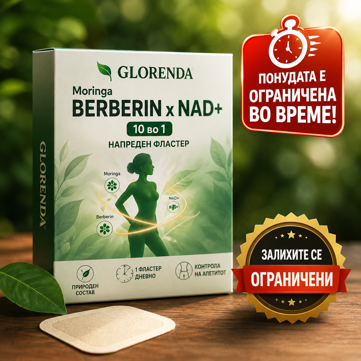 Еден фластер дневно. Без апчиња. Без инјекции. Повеќе контрола .GLORENDA® Moringa · Berberine × NAD+